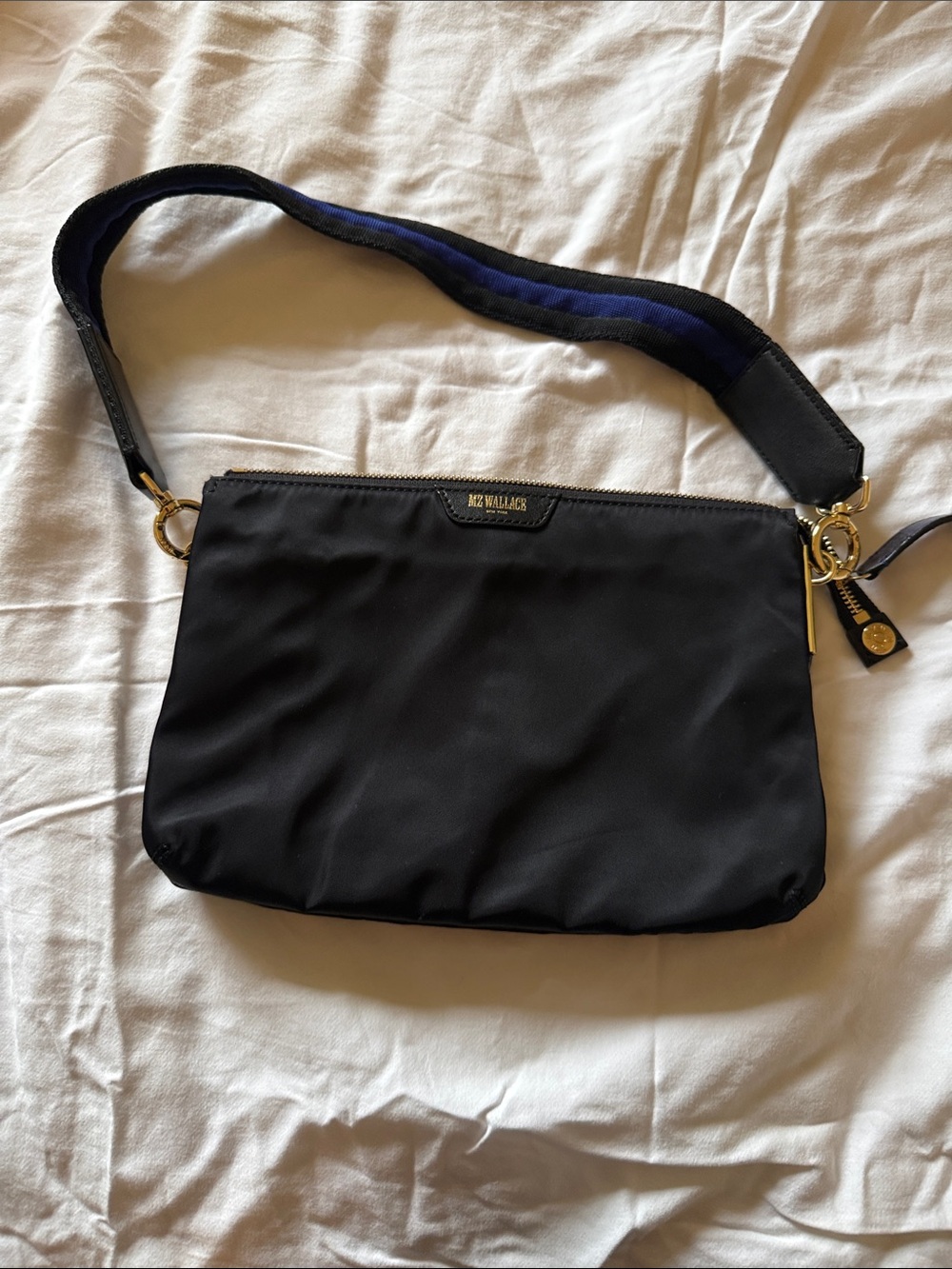 MZ Wallace Black Nylon Crossbody with Navy-Trim Wide Strap